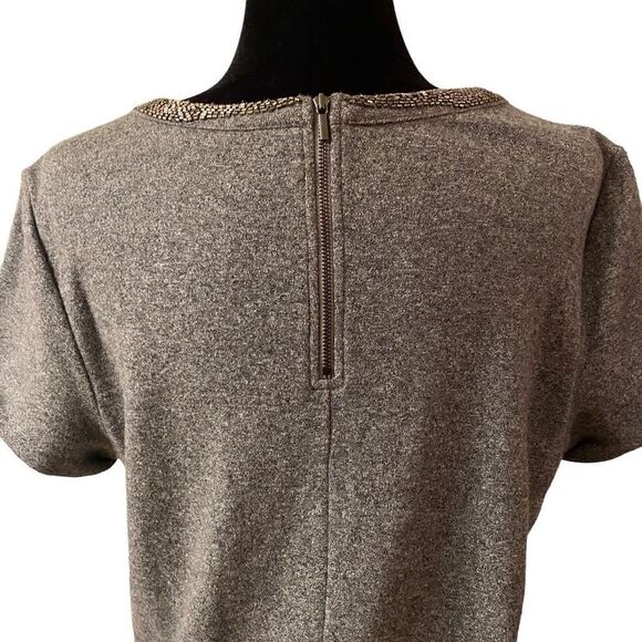 Ann Taylor LOFT Casual Gray Short Sleeve Sheath Dress with Metallic Trimmed Coll - Picture 7 of 12